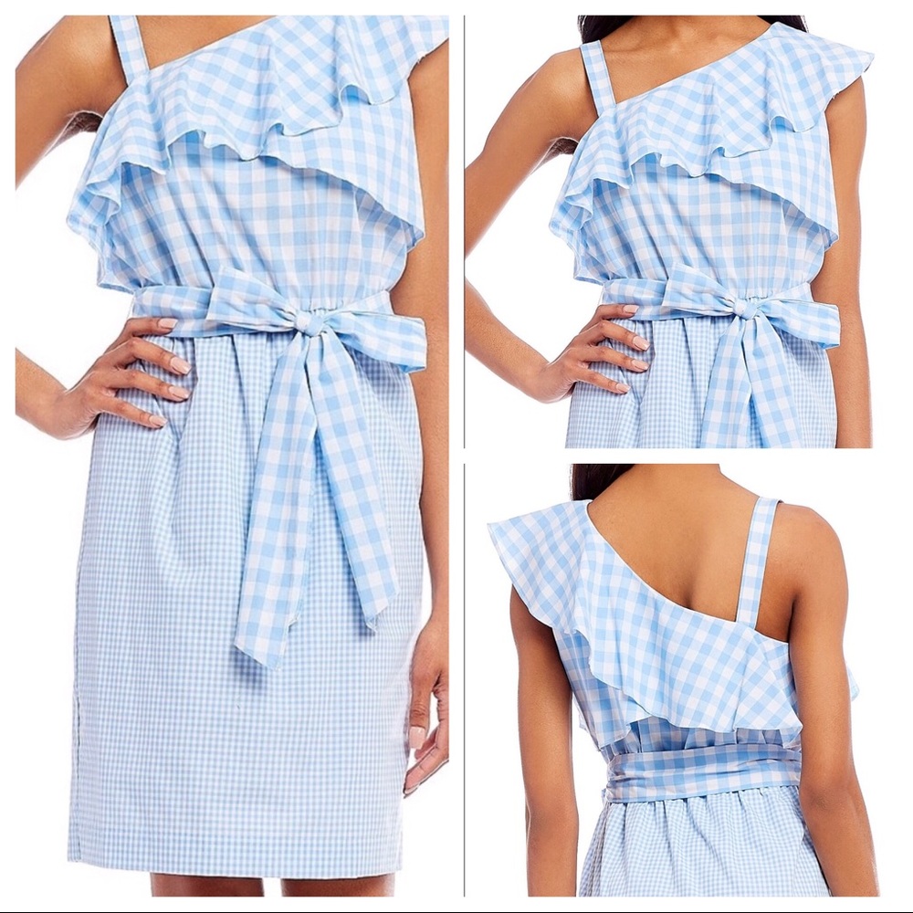Calvin Klein off shoulder ruffle top gingham dress